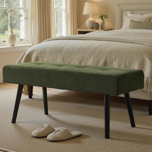 Comfy to go Banco de entrada, banco verde para dormitorio, moderno extremo otomano de cama, bancos acolchados de pana para sala de estar, vestíbulo,