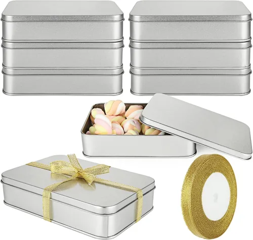 Paquete de 8 cajas de latas de metal vacías con tapa, latas de galletas rectangulares de metal plateado para golosinas, regalos, regalos, velas y