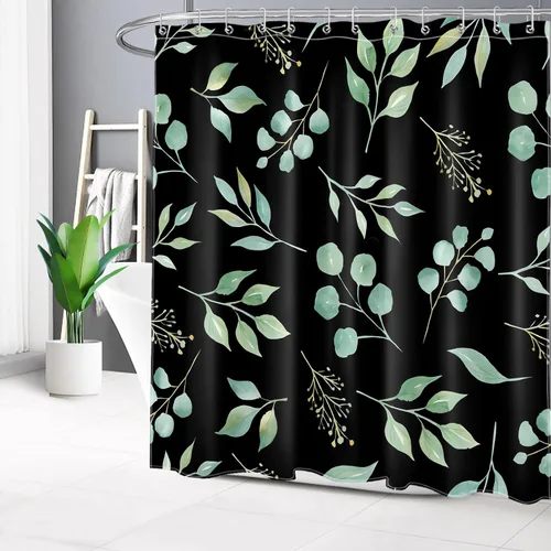Miniatura 21 de EOBTAIN Cortina de ducha de hojas de eucalipto verde para baño, cortina de ducha con hojas de plantas naturales en beige con 10 ganchos, juego