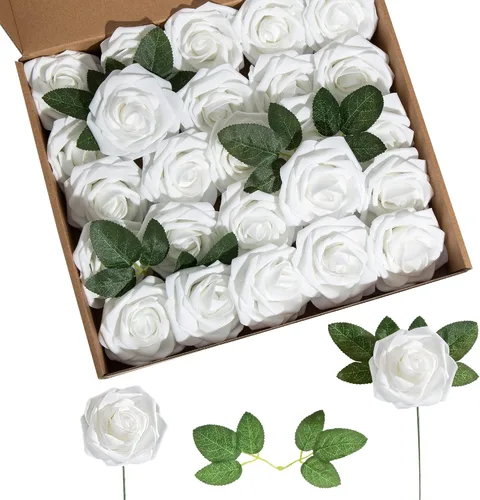 Rosa artificial de espuma de 25 piezas de rosas falsas de aspecto real con tallos y hojas para decoración del hogar, fiestas, jardín, centros de