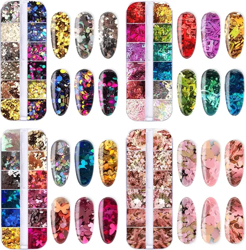 Miniatura 5 de AddFavor Kit de 4 cajas de lentejuelas con purpurina para uñas, formas mixtas, mariposa holográfica, flor, corazón redondo, copos de arte de uñas
