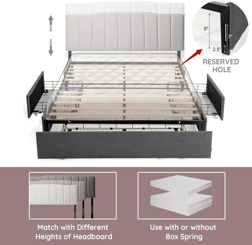 Miniatura 7 de Giantex Base de cama con 3 cajones, plataforma resistente de tamaño matrimonial con listones de madera, base de colchón con marco resistente,