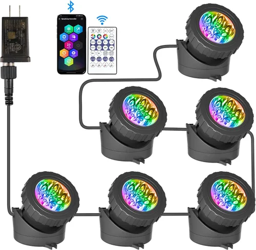 T-SUN - Luces de estanque que cambian de color LED, luces subacuáticas para fuentes con control de aplicación Bluetooth, IP68 impermeable, foco