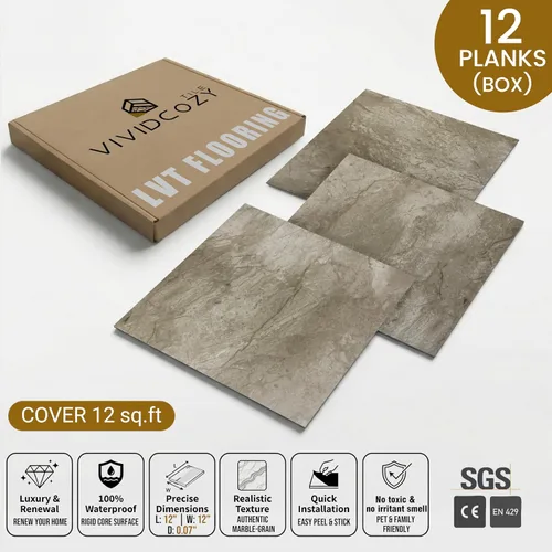 Miniatura 6 de Azulejos de suelo para despegar y pegar, suelo de vinilo impermeable de 12 pies cuadrados, azulejos gruesos de aspecto de mármol beige y marrón