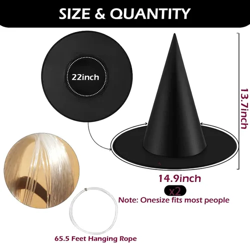 Miniatura 6 de Paquete de 2 sombreros de bruja negros para niños y adultos, sombrero de bruja con rop colgante para decoraciones de fiesta de Halloween