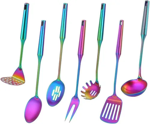 Miniatura 9 de Juego de utensilios de cocina de mango redondo, 7 piezas, acero inoxidable 304 chapado en titanio dorado con tenedor/cuchara pública, trituradores
