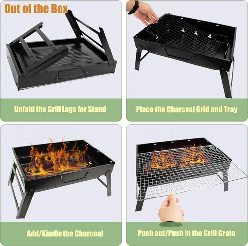 Miniatura 6 de Parrilla de carbón portátil para camping, pequeña parrilla de barbacoa de mesa para viaje de pícnic, juego de parrilla plegable y ligera, incluye