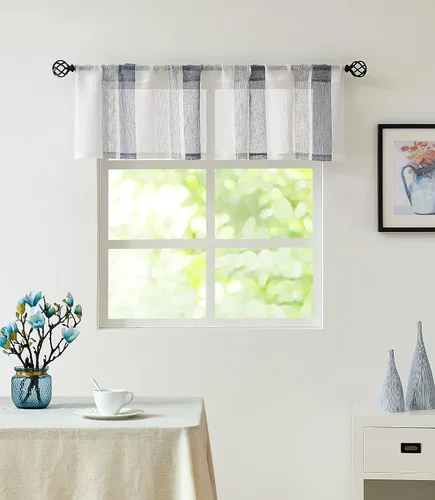 Miniatura 10 de Central Park Cortina Valance para Ventana de Cocina de Rayas Verticales Transparente Boucle de Lino Beige y Blanco, Paneles Rústicos Decorativos