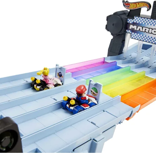 Miniatura 5 de Juego de pista de carreras Hot Wheels Mario Kart Rainbow Road de 8 pies con luces y sonidos y 2 vehículos a escala 1:64, carrera con curso colorido
