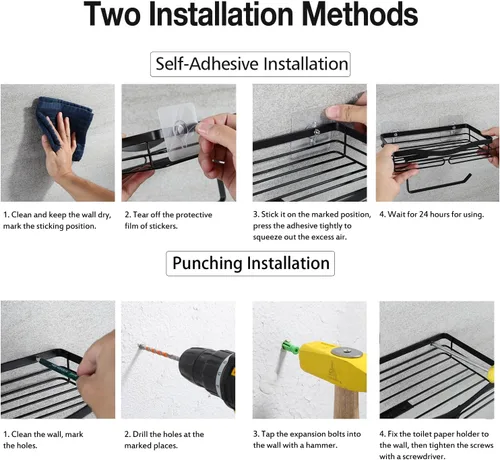 Miniatura 8 de Soporte de papel higiénico con estante de almacenamiento, metal negro, montaje sin taladros, se adapta a toallitas húmedas de tamaño Costco