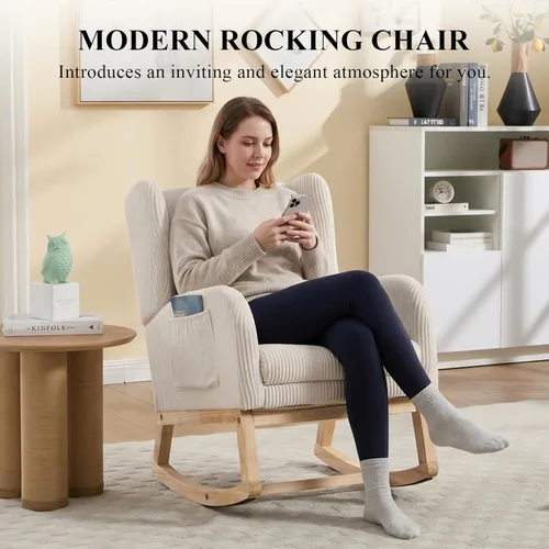 Miniatura 3 de NIOIIKIT Nursery Rocking Chair with Footrest, Teddy Upholstered Glider Chair, Nursery Gliding Recliner with Side Pocket, Glider Rocker for Living