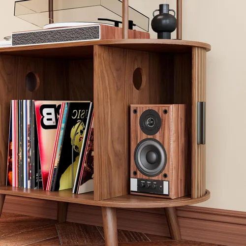 Miniatura 6 de Soporte Alto para Tocadiscos de Vinilo, Estantería de 4 Niveles con Puertas Corredizas, Gabinete Retro Pequeño para Almacenamiento de Discos