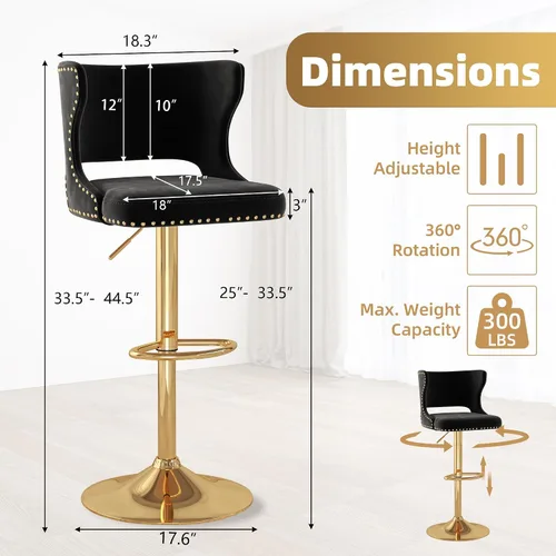 Miniatura 3 de Westice Juego de 2 taburetes de bar, taburetes de altura de mostrador para isla de cocina con base dorada ajustable, modernas sillas de bar