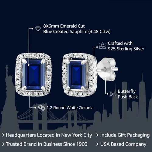 Miniatura 63 de Gem Stone King Aretes de plata de ley 925 con piedra natal Corte esmeralda de 0.315 x 0.236 in Aretes de halo para mujer