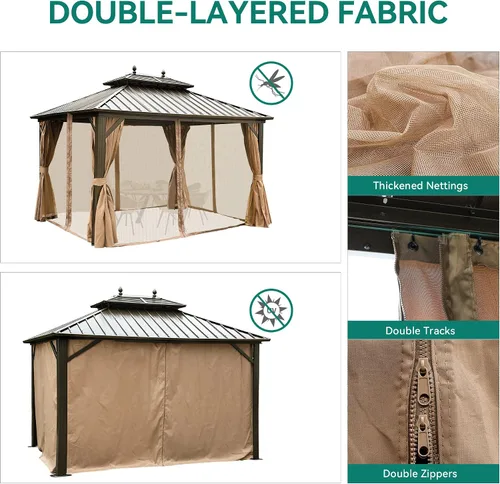 Miniatura 2 de YITAHOME Cenador de techo rígido de 10 x 12 pies con redes y cortinas, acero galvanizado de doble techo resistente para exteriores, combinado