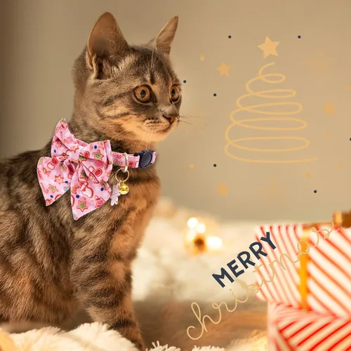 Miniatura 6 de Faygarsle Paquete de 2 collares navideños para gatos con pajarita, collar de invierno rosa y verde para niños y niñas Arco grande verde y rosa