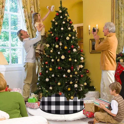 Miniatura 4 de FANPROMS Collar de árbol de Navidad en blanco y negro de 24 pulgadas, diseño de búfalo a cuadros, bordado de terciopelo, falda de árbol, decoración