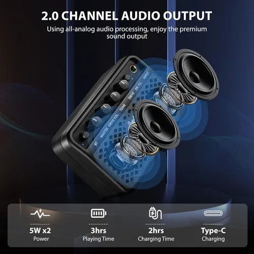 Miniatura 4 de POGOLAB Mini Amplificador de Guitarra, Amplificador Eléctrico Pequeño Portátil de 5W, Efectos Limpios y de Saturación de 2 Canales, Altavoz