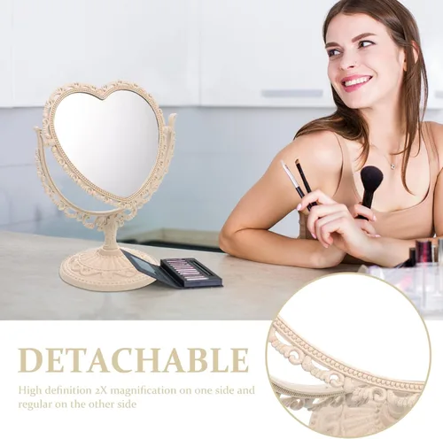 Miniatura 3 de Lurrose - Espejo de tocador con forma de corazón, espejo de maquillaje de doble cara con espejo de mesa de 360 grados con soporte para baño