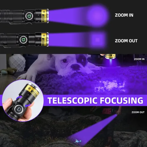 Miniatura 3 de DARKDAWN Linternas de luz UV de 395 nm USB recargable ultravioleta LED luz negra mini lámpara de madera portátil para detección de orina de gatos
