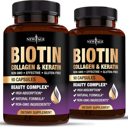 NEW AGE Biotin Colágeno Queratina Ácido Hialurónico – 50,000 mcg Vitaminas para el crecimiento del cabello para hombres y mujeres, uñas, cabello,