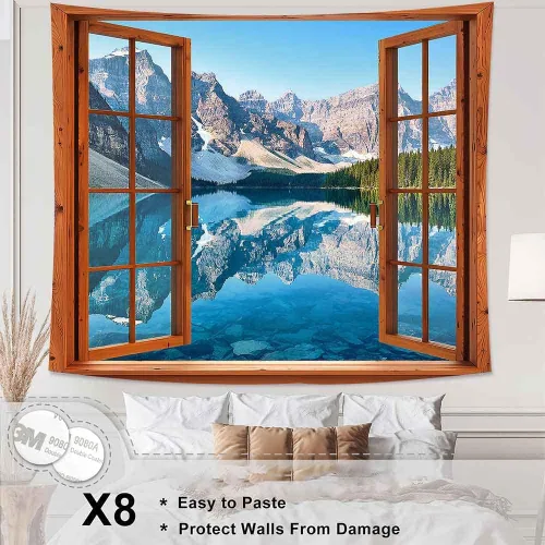 Miniatura 2 de Aidatain Tapiz de ventana de montaña, lago, bosque, escena, paisaje natural, para colgar en la pared, tapices grandes de franela de 84 x 90
