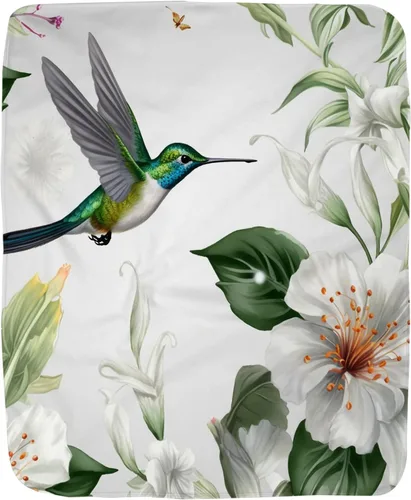 TheBlackSpot Manta de franela de forro polar suave y cómoda con diseño de flores y hojas verdes, diseño de lirio y colibrí, para decoración de sofá,