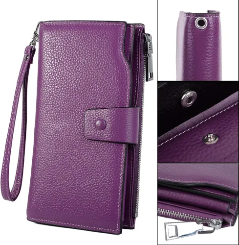 Miniatura 4 de YALUXE Cartera de piel auténtica para mujer, con bloqueo RFID, tarjetero múltiple con bolsillo para teléfono celular