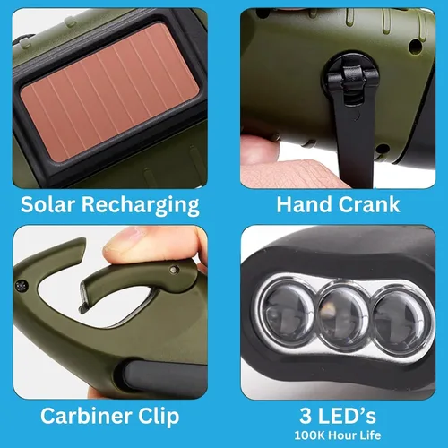 Miniatura 3 de Emblem OD linterna solar con manivela, linterna de emergencia recargable LED para supervivencia con dinamo, manivela y clip de mosquetón. Recargable