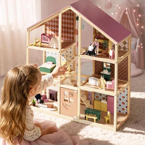 Miniatura 7 de Tiny Land Casa de muñecas de madera para niñas, casa de muñecas de madera de 6 habitaciones, casa de muñecas de bricolaje con 31 accesorios de Rosa