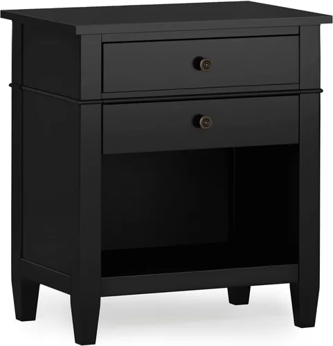 SIMPLIHOME Carlton - Mesita de noche de madera maciza de 24 pulgadas de ancho, color negro, mesa auxiliar o auxiliar contemporánea con 2 cajones,