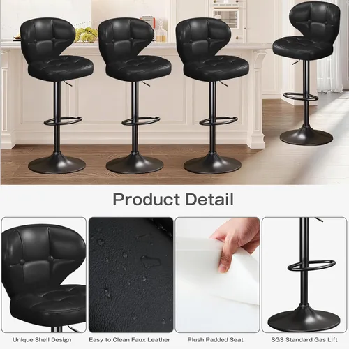 Miniatura 4 de Juego de 2 taburetes de bar, taburetes de bar giratorios ajustables con respaldo, sillas de bar de altura de mostrador con reposapiés, asiento Negro