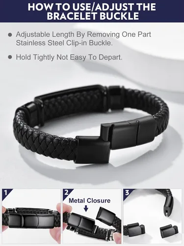 Miniatura 8 de Bandmax Pulsera trenzada de cuero negro para hombre con colgante gótico punk, pulsera de cuero con hebilla de acero inoxidable, paquete de regalo