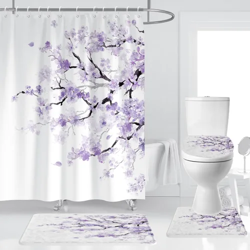 Miniatura 8 de 4 Pcs Pink Cherry Blossom Shower Curtain Set 60x72 Inch Black Floral Sakura Tree Gothic Style Japanese Anime Bathroom Decor with Non-Slip Rug Toilet