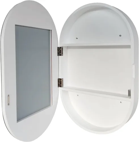 Gabinete de espejo ovalado montado en la pared, armario de baño de madera, espejo de tocador de baño con estante de almacenamiento (color blanco,