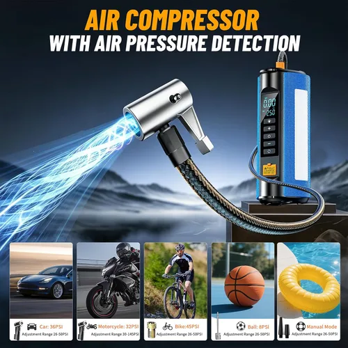 Miniatura 9 de Arrancador de emergencia con compresor de aire, arrancador de batería de coche de 2500A, kit de cables de puente reforzador de coche de 12V
