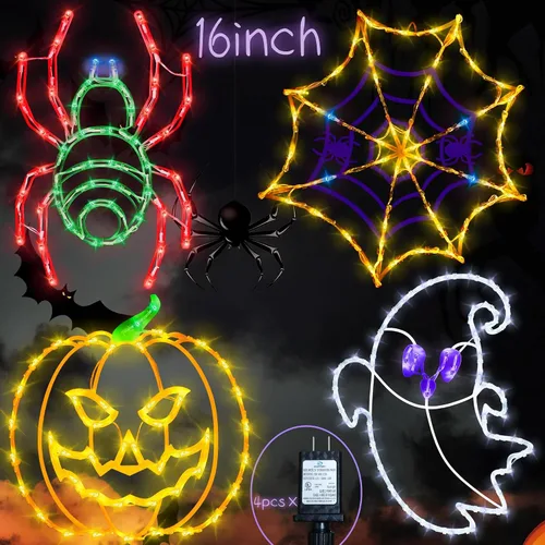 Miniatura 9 de Decoraciones de Luces de Siluetas para Ventana de Halloween de 16" - Paquete de 6 Colores Iluminados Gato en Luna y Fantasma y Telaraña y Calabaza