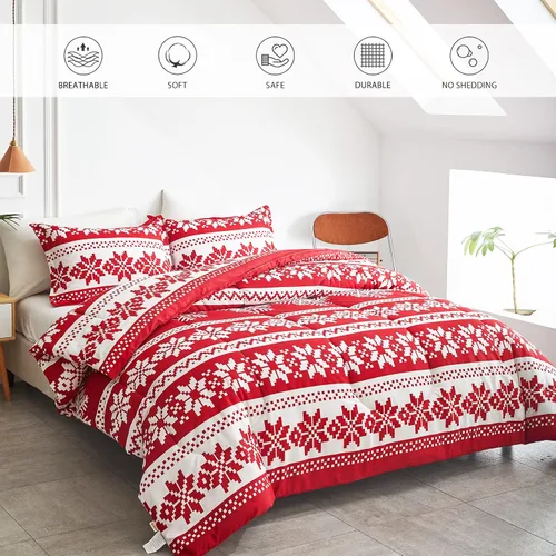 Miniatura 2 de Joyreap Juego de edredón de 3 piezas, diseño de copo de nieve rojo y blanco, edredón de microfibra suave para todas las estaciones