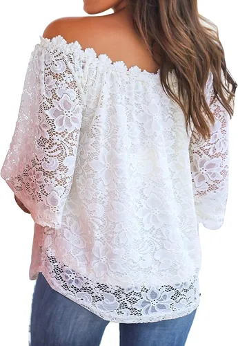 Miniatura 2 de Miholl - Blusa suelta casual, con encaje y hombros descubiertos.