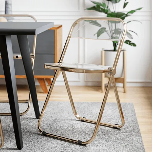 Miniatura 8 de LeisureMod Juego de 2 sillas plegables modernas de acrílico transparente Silla de escritorio con marco de metal dorado Cómoda silla decorativa