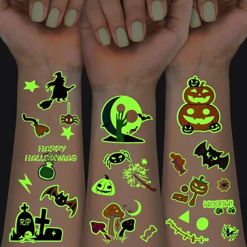 124 tatuajes temporales de Halloween que brillan en la oscuridad para niños, calcomanías de tatuaje falsas luminosas impermeables para fiesta de