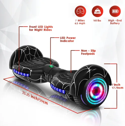 Miniatura 2 de Hoverboard con patrón de araña para niños de 6 a 12 años, con altavoz Bluetooth y luces LED, tabla deslizante de 6.5 pulgadas, certificado de Negro
