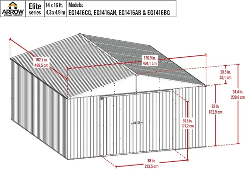 Miniatura 2 de Arrow Shed Elite - Cobertizo de almacenamiento de acero para exteriores de 14 x 16 pies de alto con puertas altas y puertas con cerradura
