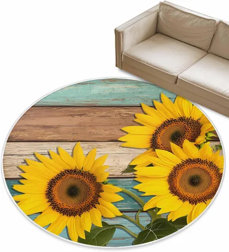 Miniatura 2 de Alfombra redonda de girasol verde azulado de 3 pies, lavable para interiores y exteriores, para dormitorio, cocina, baño, sala de estar, casa