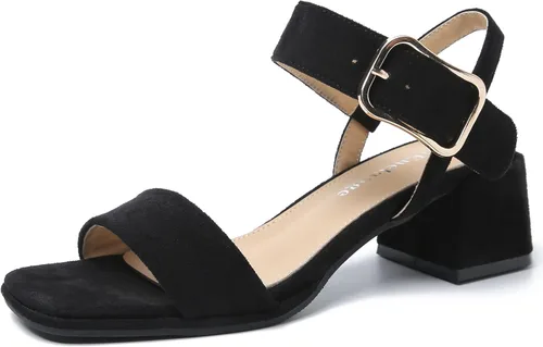 Enelauge Sandalias de tacón grueso con correa en el tobillo y puntera abierta para mujer, zapatos de tacón bajo y grueso, cómodos zapatos de tacón