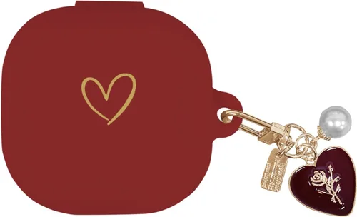 Compatible con Samsung Galaxy Buds 2 / Pro / Live / 2 Pro, funda de silicona suave con patrón de corazón dorado y llavero de perlas de rosas vintage