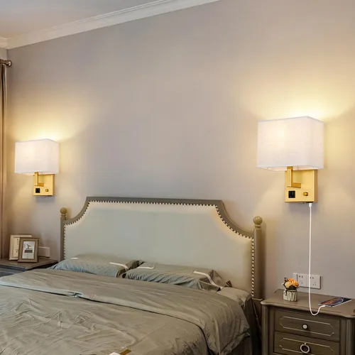 Miniatura 3 de Aplique de pared enchufable, lámpara de pared de cabecera con enchufe y interruptor regulable, con puerto de carga USB y toma de corriente, adecuado