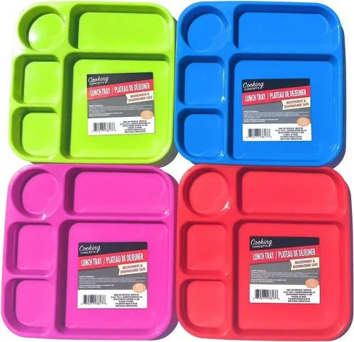 Cooking Concepts Juego de 4 bandejas de almuerzo divididas para niños, coloridos desayunos, sin BPA, aptos para microondas, lavavajillas, platos