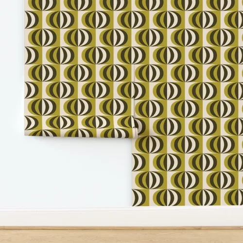 Miniatura 4 de Muestra de papel tapiz extraíble, rayas de mediados de siglo, color verde oliva, negro, blanco, círculos geométricos modernos de mediados de siglo