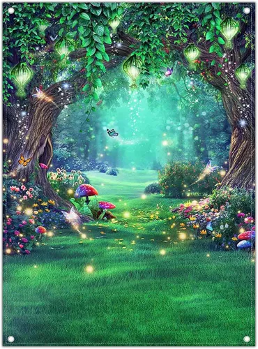 Miniatura 8 de Telón de fondo de tela de bosque encantado de 5 x 7 pies, cuento de hadas, país de las maravillas, hongos, mariposas, fondo de fotografía